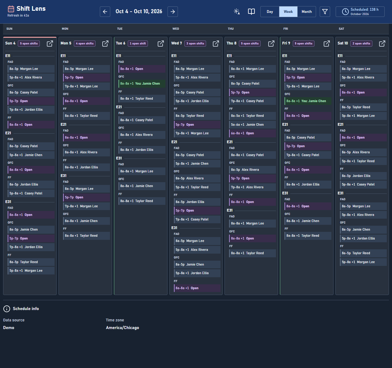 Shift Lens calendar in dark mode with invented personnel and shifts