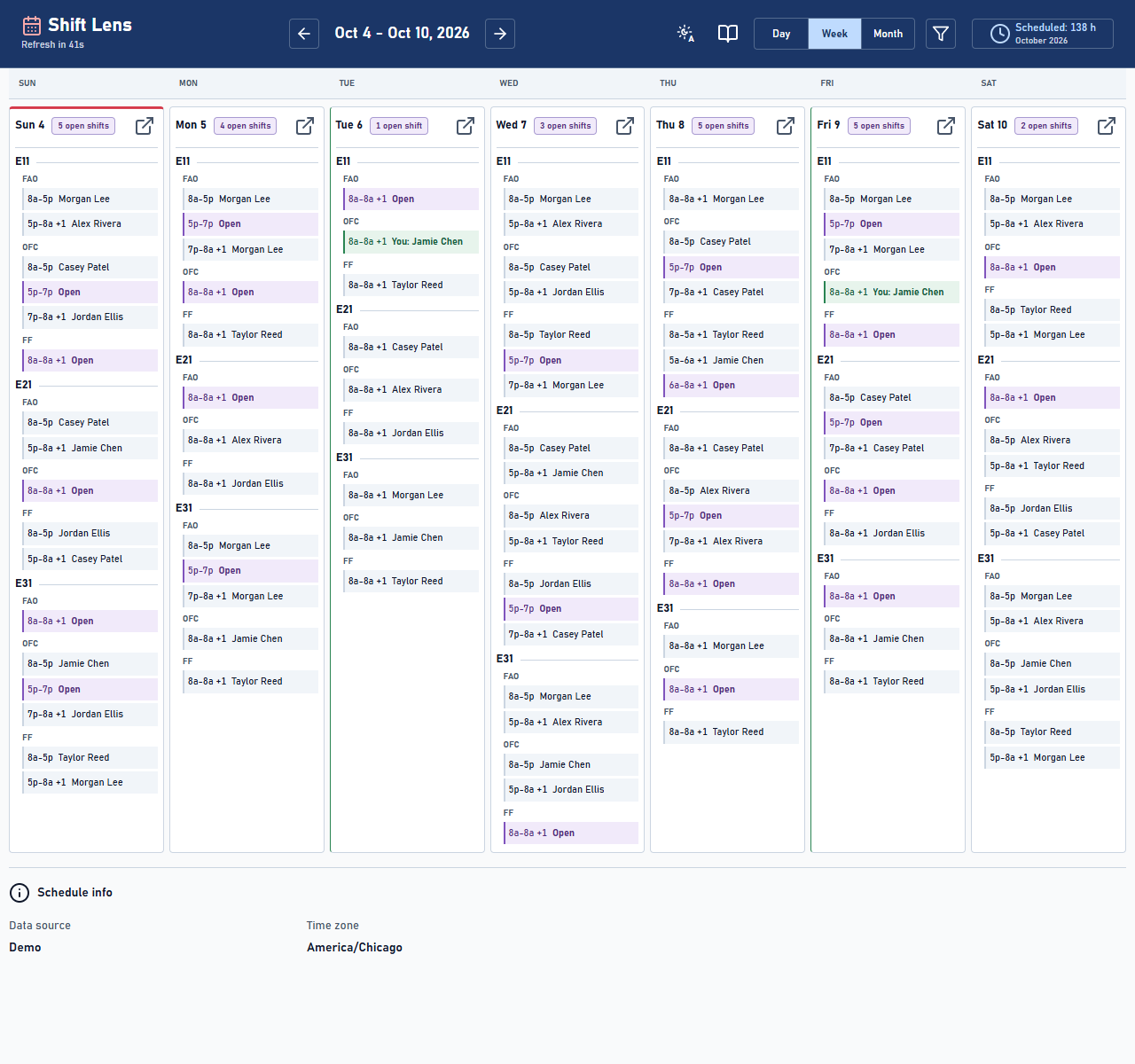 Shift Lens calendar in light mode with invented personnel and shifts