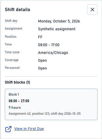 Shift details for an invented assignment, showing dates, time zone, open coverage, and the original nine-hour source block