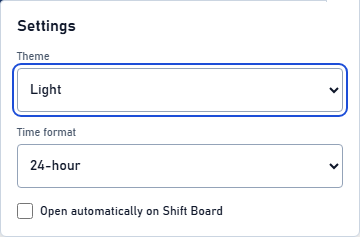 Settings with Theme, Time format, and the unchecked Open automatically on Shift Board option