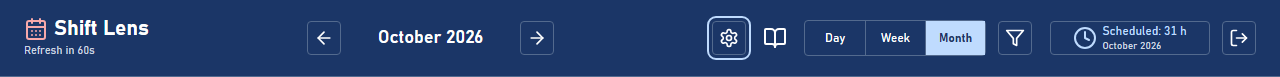 Shift Lens toolbar with calendar navigation, Settings, Filters, scheduled hours, and Exit